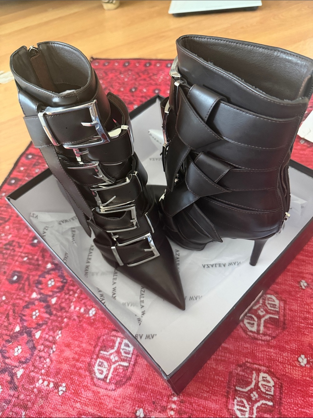 AKIRA AZALEA WANG ALCETAS CHOCOLATE STILETTO BOOTIE WITH BUCKLES Size 77